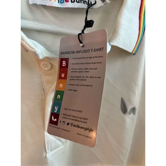 Pride Bunny White Rainbow Trim Polo Shirt sz M NWT LGBTQ - Picture 6 of 8